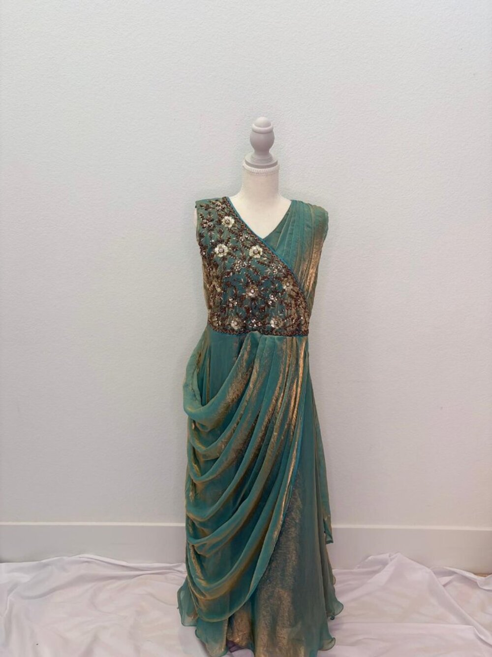 Girls Teal Blue Draped Saree Gown Embellished Party Wear Indian Ethnic Wear